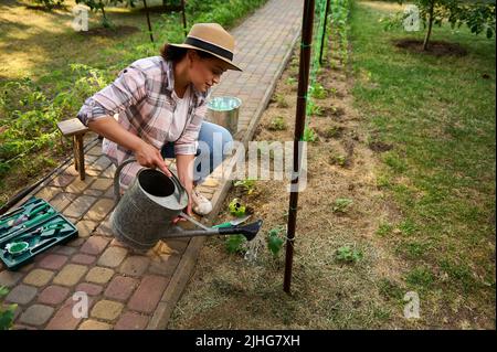 Heiterer Gärtner mit Gießkanne pflanzte Wasser Sämlinge in einem Blumenbeet. Liebe und Sorge für die Natur. Wachstum von ökologischem Gemüse Stockfoto