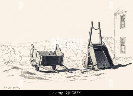 Studie von Two Carts in an Irish Landscape von Cornelius Varley (1781-1873), einem englischen Aquarellmaler und Hersteller optischer Instrumente. Er erfand das grafische Teleskop und das grafische Mikroskop. Stockfoto