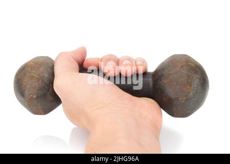 Hand halten dumbell isoliert auf weißem Hintergrund. Stockfoto