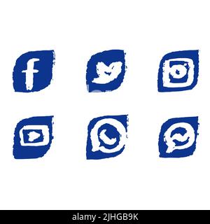 Moderne Sammlung von Logos der beliebtesten Social-Media-Icons mit einem Acryl-Pinsel gezeichnet, blaue Farbe Stock Vektor