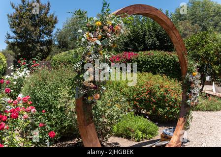 Hölzerner Kreisbogen mit Baby's Breath Blumen geschmückt macht einen perfekten Altar für die Outdoor-Garten Hochzeit. Stockfoto