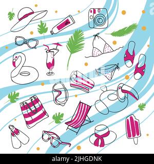 Sommerkollektion. Sommer-Set von Artikeln und Accessoires für den Sommerurlaub. Badeanzug, Eis, Cocktail, shillong, Sonnenbrille, Strandtasche, Hut, Flip Stock Vektor