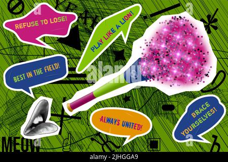 Fußballfans Horn mit Glitzer. Schwarze und weiße Lippen. Klebrige Etiketten mit Slogans. Abstrakter Hintergrund. Pop-Art-Stil, Retro, Comic. Farbiger Text Stock Vektor