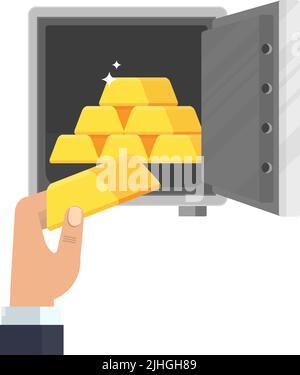 Geschäftsmann legt Schmuck in einen Banksafe. Flache Vektor-Cartoon-Illustration. Stock Vektor