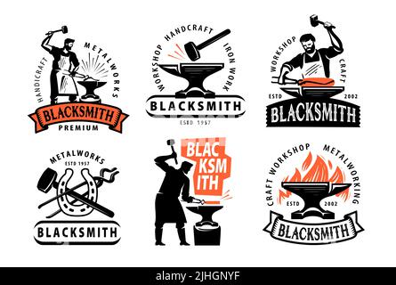 Schmied und Metallwerk Badge-Set. Etiketten Schmied und Werkstatt, Hammer und Amboss Emblem Illustration Stock Vektor