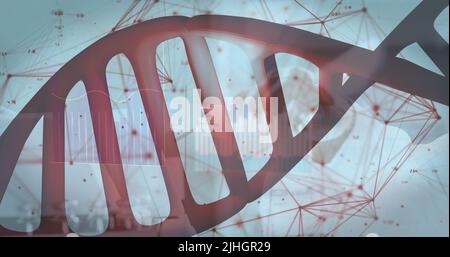 Bild von dna-Strang und Netzwerk von Verbindungen über kaukasischen Wissenschaftler im Labor Stockfoto