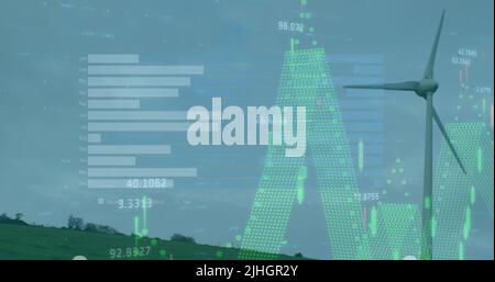 Bild der Datenverarbeitung über der Windenergieanlage Stockfoto