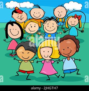 Cartoon Illustration von glücklichen Vorschule oder elementaren Alter Kinder Charaktere Gruppe Stock Vektor