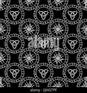 Nahtlose geometrische graue Ornament von skandinavischen Symbolen in einem Kreis auf schwarzem Hintergrund, Textur, Design Stockfoto