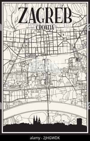 Handgezeichnetes Panorama-Skyline-Plakat mit Innenstadt-Straßen-Netz von ZAGREB. KROATIEN Stock Vektor