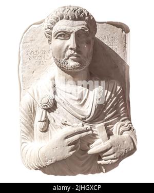 Palmyrene Grabstätte Relief von Khayran mit Gedenkeinschrift in Aramäisch - : Palmyra - 189 n. Chr. - Kalkstein Stockfoto