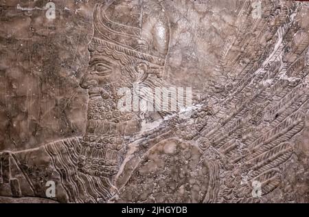 Geflügelte Gottheit durch den heiligen Baum - Detail. Relief aus dem Palast von Ashurnasirpal II in Kalhu, (Nimrud) - Alabaster - IX Jahrhundert B.C. Hermitage Museum Stockfoto