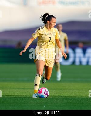 18.. Juli 2022, Manchester City Academy, Manchester, England: Frauen Europäischer Internationaler Fußball, Italien gegen Belgien: Hannah Eurlings aus Belgien Stockfoto