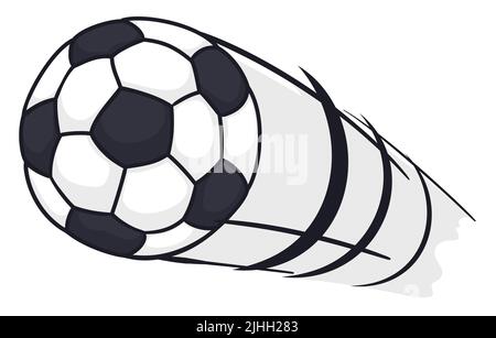 Fliegender Fußball mit hoher Geschwindigkeit und Bewegungslinien. Design im Cartoon-Stil. Stock Vektor