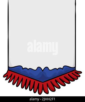 Vertikaler Wimpel oder Banner mit leerem und weißem Raum, verziert mit blauen und roten Fransen, die an russische Farben erinnern. Design im Cartoon-Stil mit out Stock Vektor