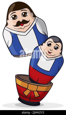 Ein Paar fröhliche Matroschka-Puppen mit traditionellen russischen Tracht: Eine in der anderen. Design im Cartoon-Stil. Stock Vektor