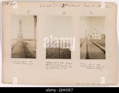 LA - Southwest Pass. Southwest Pass Light Station, Louisiana. Blick ca. NNE, Entfernung ca. 1/2 Seemeilen. Alter Turm (direkt über Drehknopf auf Geländerpfosten), errichtet 18-. Stockfoto