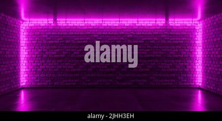 Backsteinmauer, Hintergrund, Neonlicht. Neon-Zimmer. 3D Rendern Stockfoto