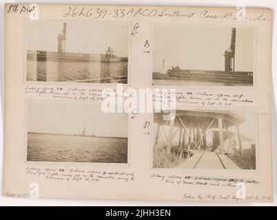 LA - Southwest Pass. Southwest Pass Light Station, Louisiana. Blick ca. NW, Entfernung ca. 3/8 Seemeilen. Zeigt Treibstoff, der während des Hurrikans vom 28. September 1915 auf der Reservierung angefahren wurde. Stockfoto