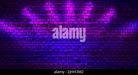 Backsteinwände und Neonlicht im Hintergrund. Ziegelwand, Neonstrahlen und Leuchten. 3D Abbildung Stockfoto