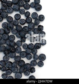 Stapel von frisch Heidelbeeren isoliert auf weißem Hintergrund, Haufen von saftigen roh reifen Beeren, Rahmen mit Copy Space für Text Stockfoto