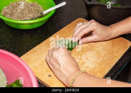 Eine Frau bereitet zu Hause Essen zu. Hackfleisch wird in Traubenblätter auf einem Holzbrett eingewickelt, Dolma. Stockfoto