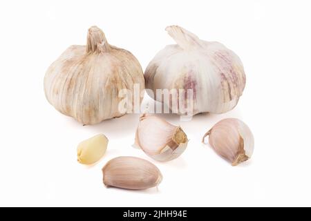 Knoblauch und Nelken, isoliert auf hellem Hintergrund. Nahaufnahme. Stockfoto