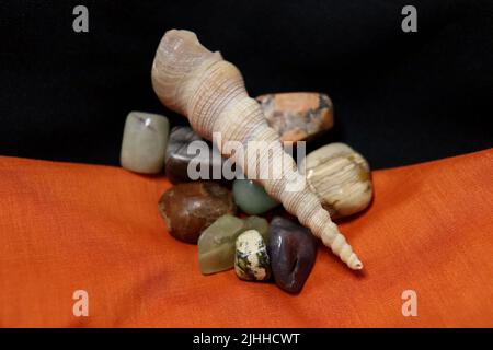 Eine Gruppe polierter Edelsteine auf schwarzen und orangen Stoffservietten mit einer Schneckenschale. Stockfoto
