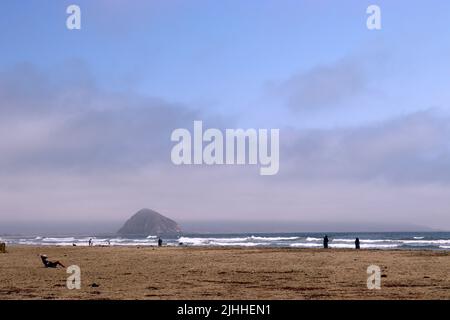 Ein ruhiger, leicht bewölktes Nachmittag an einem Strand in der Nähe von Cayucos, CA mit wenigen Menschen und sanften Wellen. Morro Bay liegt in der Ferne mit seinem riesigen Felsen. Stockfoto