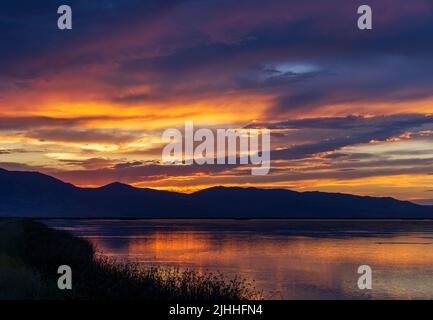 Das Nachglühen der untergehenden Sonne spiegelt sich auf dem Wasser des Bear River Migrating Bird Refuge, Brigham City, Box Elder County, USA. Stockfoto