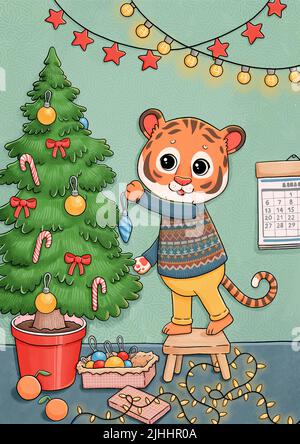 Neujahr niedlichen Tiger Weihnachtsbaum Vektor Stock Vektor