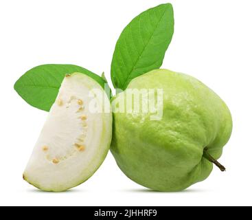 Guava-Frucht mit Blatt isoliert auf weißem Hintergrund Stockfoto