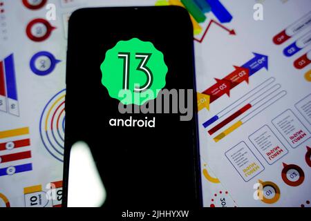 Smartphone mit android 13 Logo. google-Betriebssystem. Usa, Kalifornien 17. Juli 2022 Stockfoto