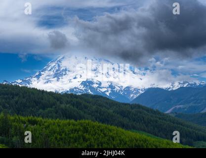 Berg mit Wald im Vordergrund Stockfoto