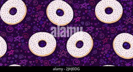 Donuts nahtloses Muster auf dunklem Hintergrund Stock Vektor