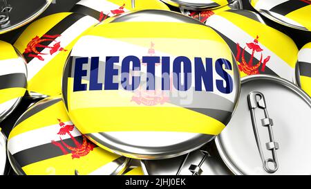 Brunei Darussalam und Wahlen - Dutzende von Rückendetasten mit einer Flagge von Brunei Darussalam und einer Wortwahl. 3D Rendern als Symbol für den bevorstehenden Elec Stockfoto