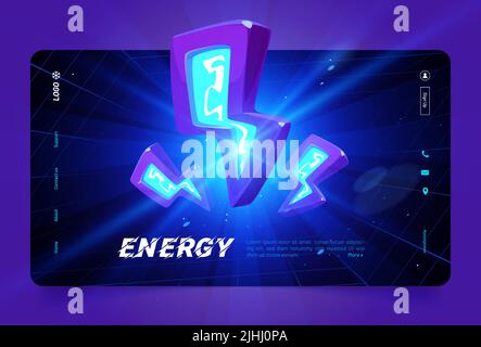 Energy banner with blue neon lightnings, thunder bolts icons. Vector landing page of electric power with cartoon abstract illustration with flash and symbols of electricity Stock Vektor