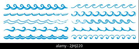 Wellenlinie für Meer und Ozean, blaue Wellenränder, Rahmenlinien und Trennlinien. Vektor-Verzierungen von nautischen Muster mit stürmischen Wellen, Kurven, Meereswirbeln, Locken und Rollen Stock Vektor