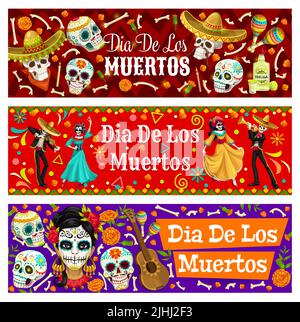 Dia de los Muertos mexikanische Charaktere und Sugar Calavera Schädel. Tag der toten Feiertag Persönlichkeiten und Gegenstände. Vector Banner mit Catrina, Mariachi und Tänzer Skelette, Ringelblumen, Knochen, Gitarre Stock Vektor