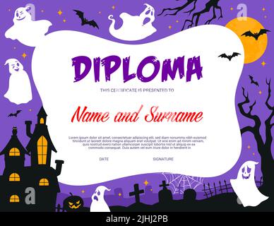 Kinder Diplom, Halloween Geister auf dem Friedhof, Vektor Bildung Zertifikat Auszeichnung. Kindergarten Wertschätzung Diplom mit lustigen Halloween Cartoon Ghouls, gruseligen Nacht Friedhof und Haunted Castle Stock Vektor