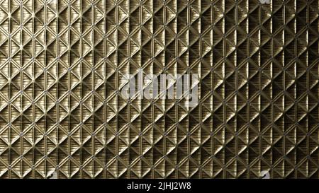3D Rendern. Goldene Metallstruktur mit dreieckigen Einbuchtungen. Textur mit Sternmustern. Goldfarbenes Karomuster in Metallic-Optik. Goldfarbener dekorativer Hintergrund. Stockfoto