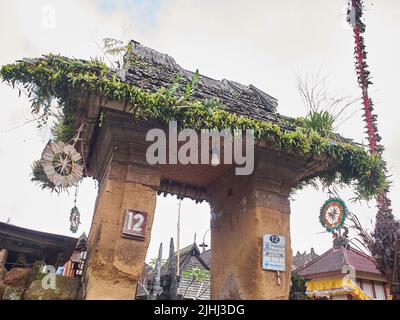 Das Dach des Tores eines traditionellen balinesischen Hauses, das mit Pflanzen bewachsen ist Stockfoto