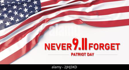 911 USA nie vergessen. Patriot Day. Roter Text und US-amerikanische Flagge auf weißem Hintergrund. Erinnern Sie Sich An Den 11. September 2001. 3D Rendern Stockfoto