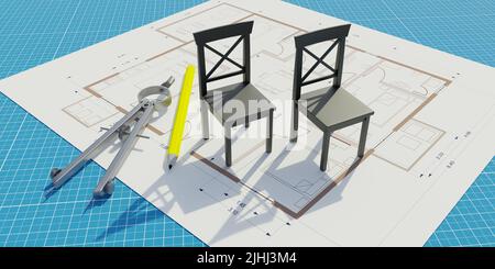 Design Möbel Blaupause, Haus Innenraumkonzept. Stuhl, Bleistift und Bremssättel auf architektonischem Hintergrund. Herstellung Design Büro. Überhea Stockfoto