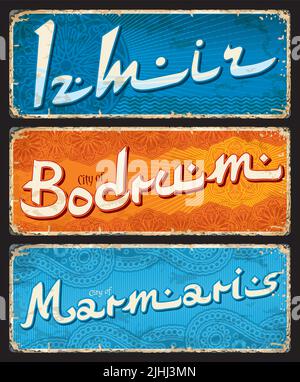Izmir, Marmaris, Bodrum, türkische Stadtschilder und Reiseaufkleber, Vektor-Gepäckanhänger. Tin-Schilder für Reisen in die Türkei und Reisegepäck-Etiketten mit türkischen Städten und Flaggen Stock Vektor