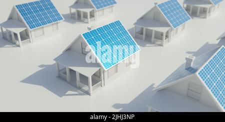 Öko Häuser mit Solarpanel auf Dächern auf weißem Hintergrund. Sonne die saubere, grüne, nachhaltige, erneuerbare Energie. Ansicht von oben. 3D Rendern Stockfoto