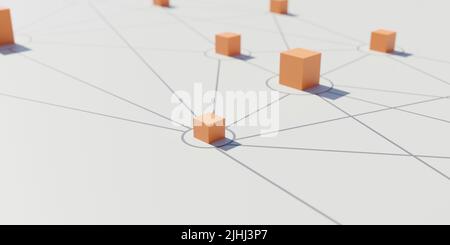 Social Media Networking Konzept. Rosa Würfel miteinander verbunden mit blauer Linie auf weißem Hintergrund. Online-Verbindung. Ansicht von oben. 3D Rendern Stockfoto