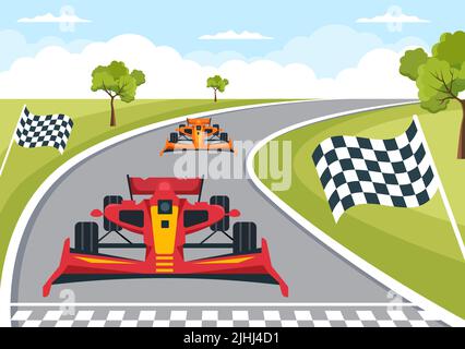 Formula Racing Sport Car Reach on Race Circuit die Ziellinie Cartoon Illustration, um die Meisterschaft in Flat Style Design zu gewinnen Stock Vektor