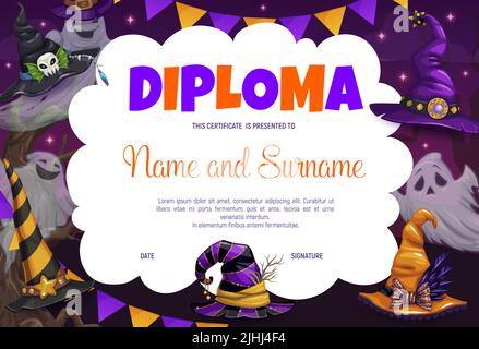 Halloween Kinder Diplom, Geister, Hexe und Zauberer Hüte, Vektor Bildung Zertifikat. Würdigung Auszeichnung oder Diplom mit Halloween Cartoon Geisterghouls in Hexenhüten mit Totenköpfen und Schleifen Stock Vektor