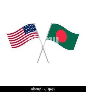 Amerikanische und bangladeschische Flaggen isoliert auf weißem Hintergrund. Vektorgrafik Stock Vektor